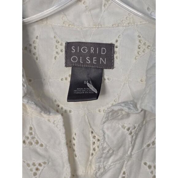 Sigrid Olsen Eyelet Embroidered Shirt Womens Medium White 3/4 Sleeve Button Up - Picture 5 of 6
